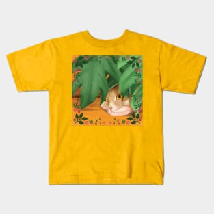 Cat hidden under leaf Kids T-Shirt